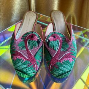 Charlotte Olympia Pink and Green Embroidered Flats